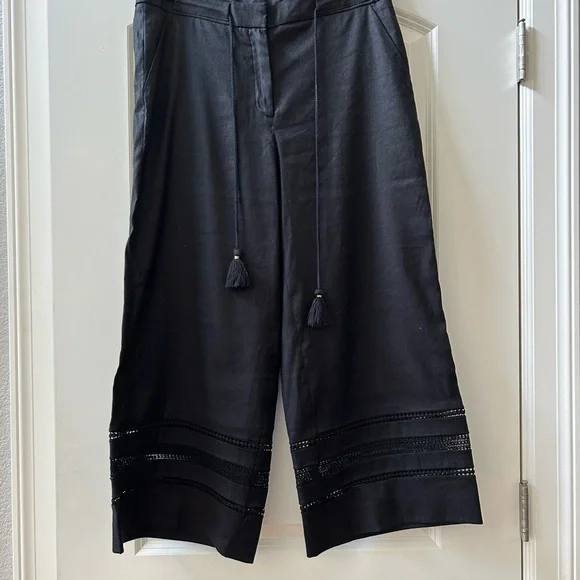 White House Black Market linen blend wide leg crop pants. Lace detail. EUC - Picture 2 of 15